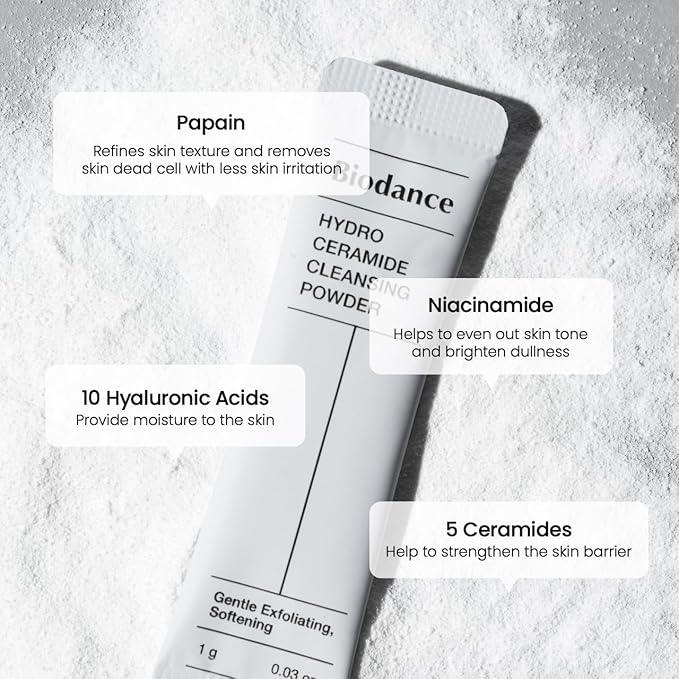 Biodance Hydro Ceramide Cleansing Powder, Gentle Exfoliating Daily Facial Cleanser with Hyaluronic Acids & Ceramides, Enzyme Powder | 0.03 oz x 30ea