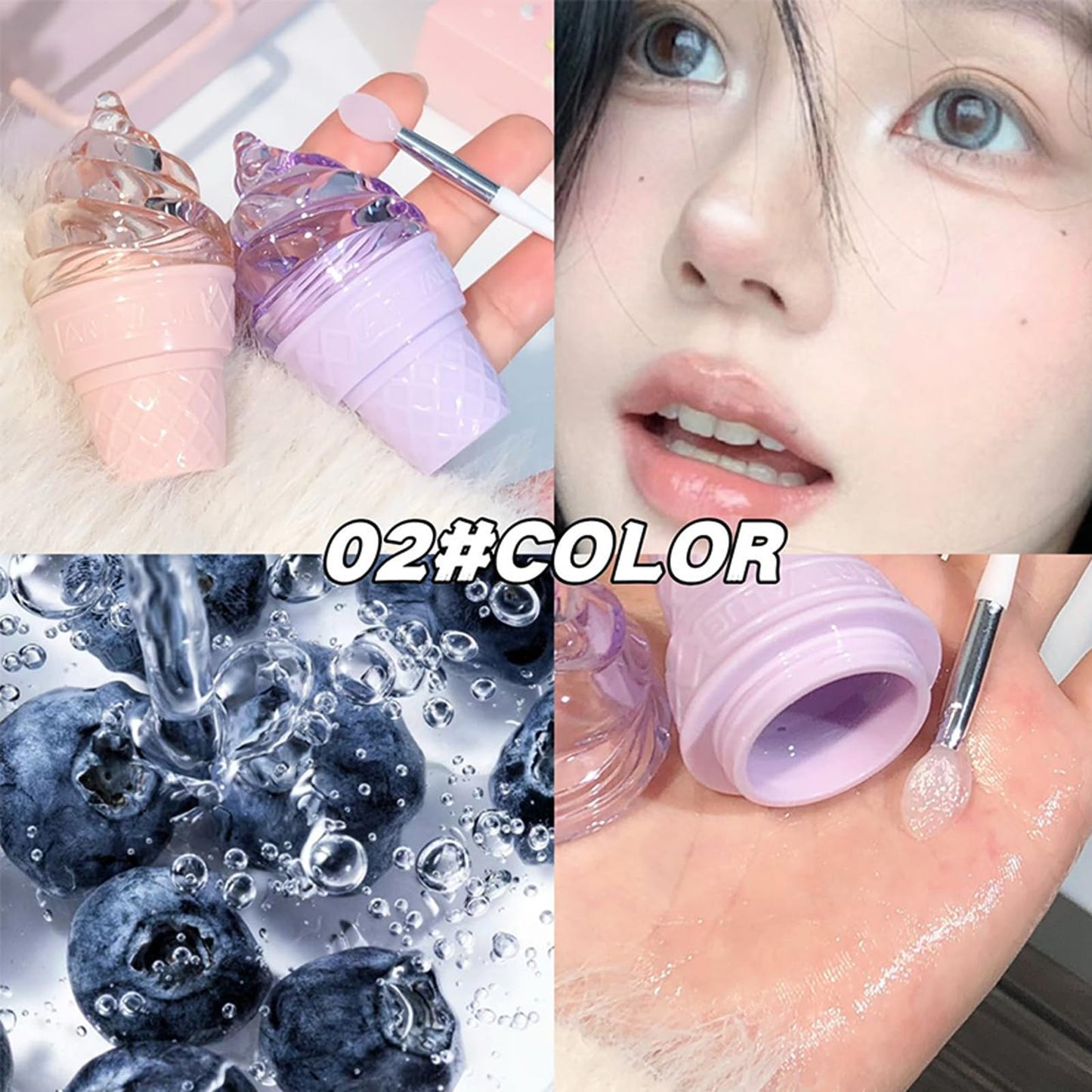 3Pcs Cute Hydrating Lip Gloss Set, Lip Sleeping Mask, Ice Cream Solid Lip Balm for Grils, Nourish Lip Care Makeup Sweet Peach/Blueberry/Green Apple Flavours