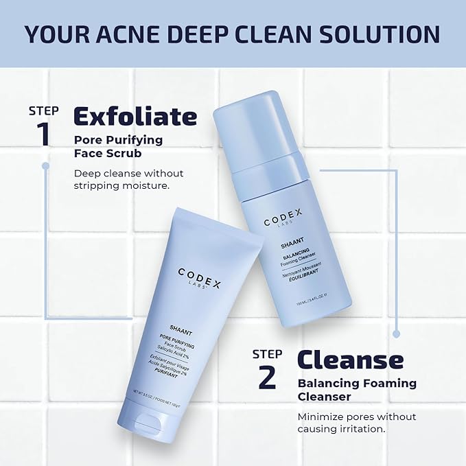 Codex Labs Shaant Deep Clean Duo, Balancing Foaming Face Cleanser (100ml) & Pore Purifying Face Scrub (100g) - Oil Control & Pore Minimizer - For Acne Prone Skin, All Skin Types