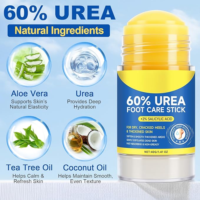 Urea Cream Stick 60% plus 2% Salicylic Acid,urea cream percent for feet maximum strength,Foot Lotion Stick for Cracked Heels,Dry Hands & Rough Knees,Callus Remover & Skin Softener, Soften Dead (1)