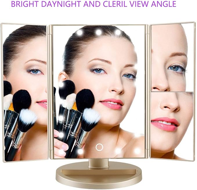 deweisn Floor Mount Tri-Fold Lighted Vanity Mirror with 21 LED Lights, Touch Screen and 3X/2X/1X Magnification, Two Power Supply Modes Make Up Mirror,Travel Mirror