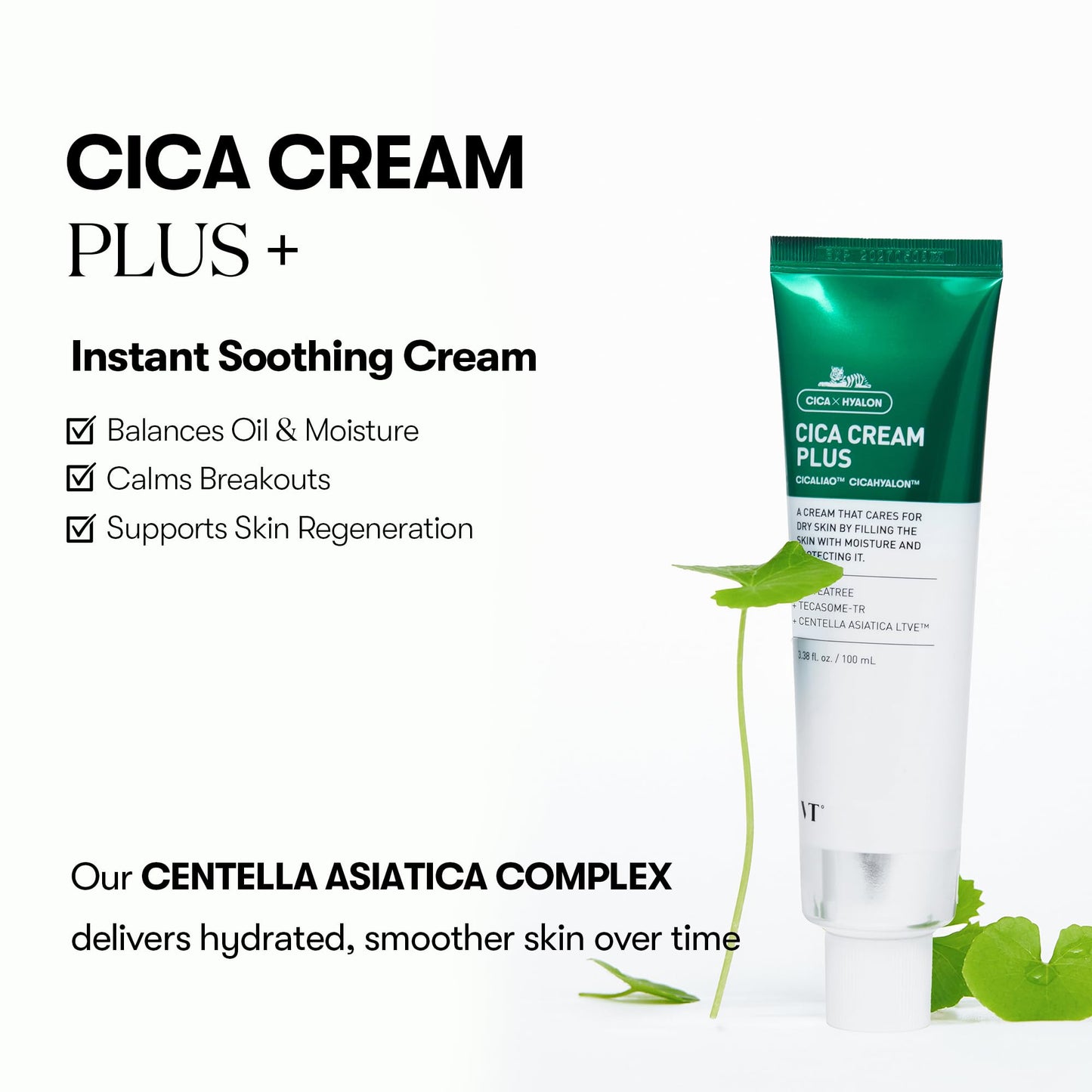 VT COSMETICS Cica Cream Plus, Hydrating & Calming Face Moisturizer with Centella Asiatica, Lightweight Soothing Cream for Acne, Oily, Dry and Sensitive Skin, Korean Skincare for acne prone skin