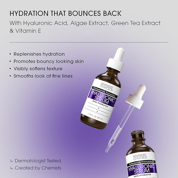 Advanced Clinicals Hyaluronic Acid Serum For Face | Moisturizing Facial Skin Care Products | Hydrating Serum For Face Helps Improve Look Of Wrinkles, Fine Lines, & Uneven Dry Skin Texture, 1.75 Fl Oz