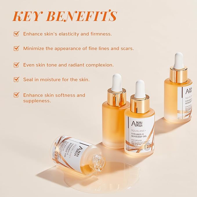 ANAI RUI Squalane + Vitamin E Rosehip Oil Moisturizer for Face Hydrate, Reduce Scars and Stretch Marks, Wrinkles for Smoother, Softer Skin 1 fl. Oz
