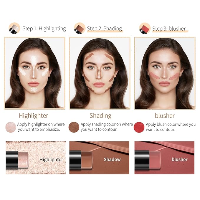3pcs Face Contour Stick, Highlighter Stick Blush Stick Teen Girls