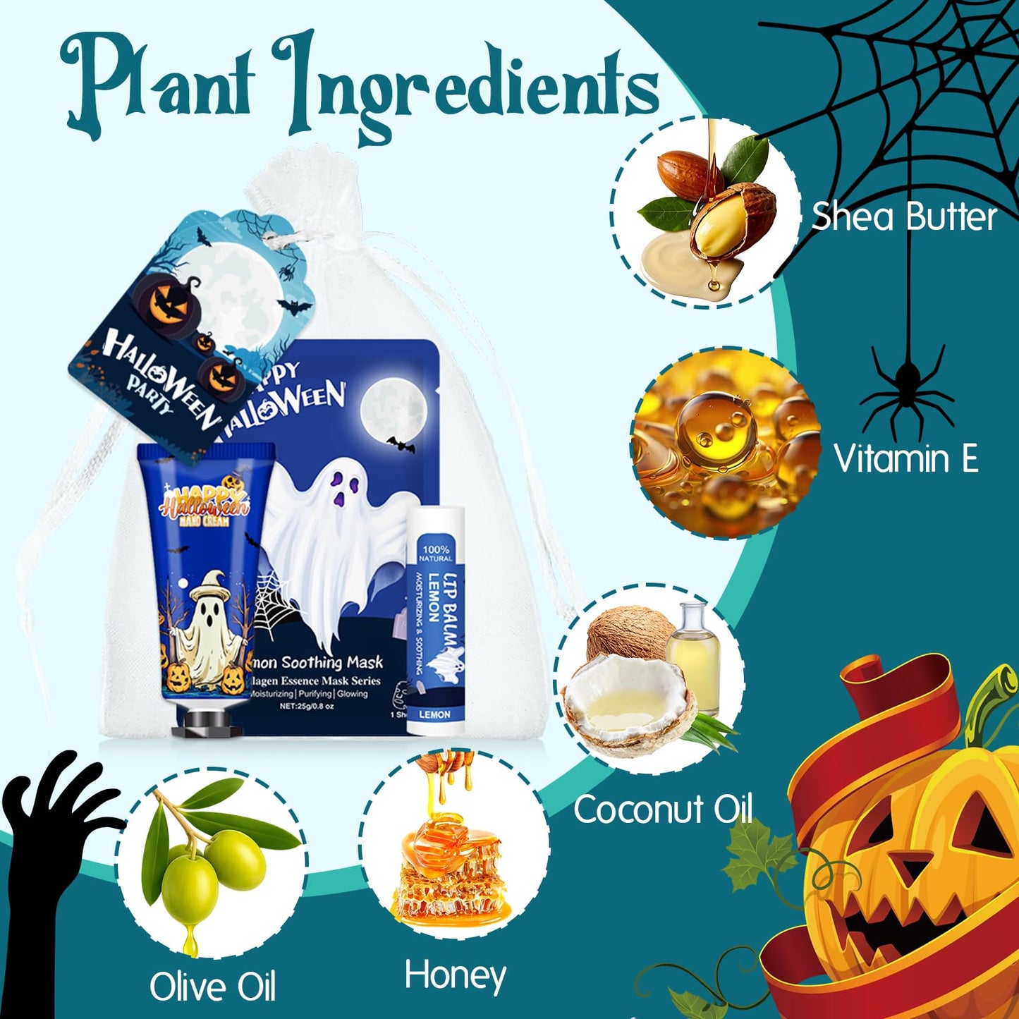 VESPRO 50 Pack Halloween Hand Cream, Facial Mask and Lip Balm Set, Bulk Halloween Gifts for Women, Halloween Decorations, Halloween Party Favors, Halloween Basket Stuffers and Halloween Skincare