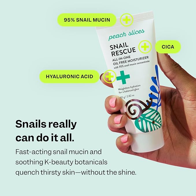 Peach Slices | Snail Rescue All-in-One Oil Free Face Moisturizer | 95% Snail Mucin | Lightweight, Long-Lasting Hydration | Silicone-Free | Face Cream | Skin Care | Clean & Cruelty-Free | 2.82 oz