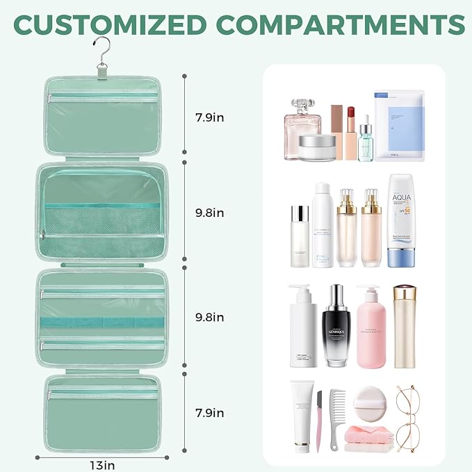Toiletry Bag For women,Portable Hanging Organizer,4 Leakproof Compartment for full-sized Conditioner, Brushes Set, Makeup Accessories,Visible and easy to access.L-mint