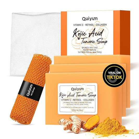 Kojic Acid Turmeric Soap, Dark Spot Remover for Face, Skin Care Sets, Facial Skin Care Products, Even Skin Tone, Moisturizing & Nourishing, 3 Pack+ African Net Sponge