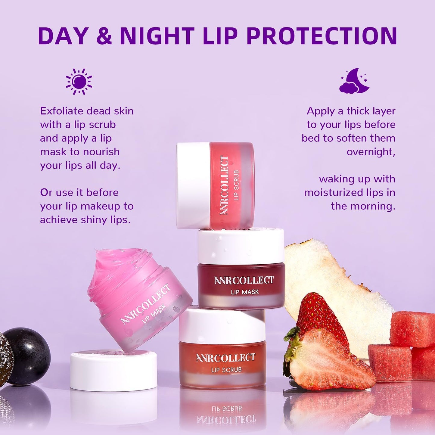 ANRCOLLECT Lip Scrub & Lip Mask - Overnight Treatment Lip Care Kits with 2 Lip Exfoliator & 2 Sleeping Lip Balm, Intense Hydration Lip Set for Dry Chapped Cracked Lips, Exfoliate & Moisturize (4 Pack)