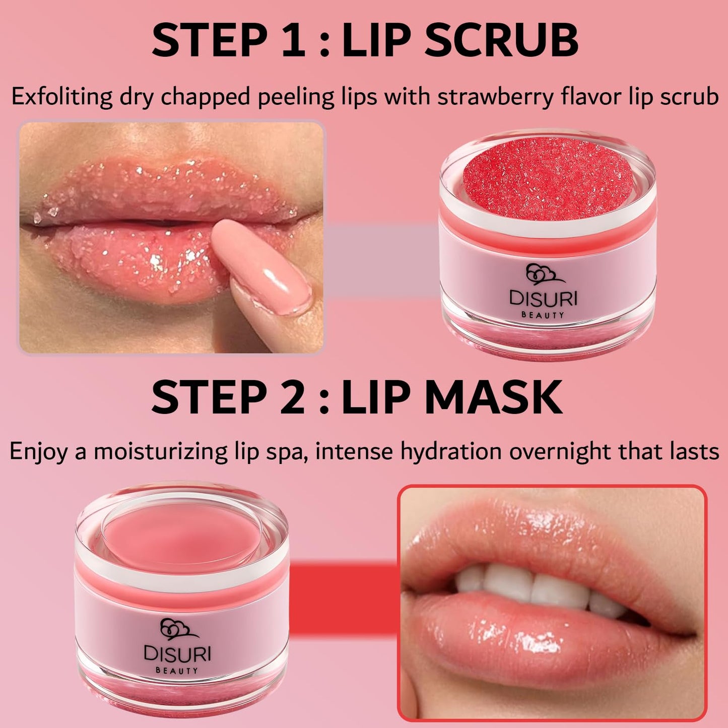 DISURI Beauty Lip Mask and Lip Scrub Set - Moisturizing Lip Scrub for Exfoliating and Smoothing Lips, Cruelty-free - Improves Texture, Hydrates, and Softens Chapped, Dark Lips Skin - (Strawberry)