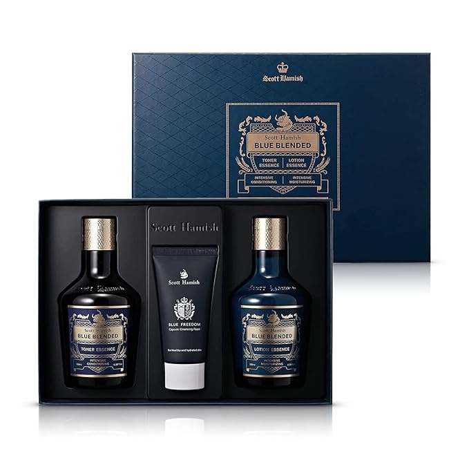 Scott Hamish Blue Blended Set - Skincare Set for Men with Face Wash, Face Toner & Facial Emulsion – Intensive Moisturizing and Conditioning Aftershave Kit Enriched - Bergamot & Musky Scent