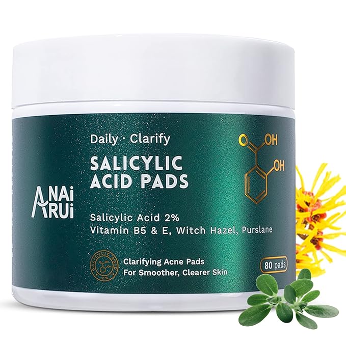 ANAI RUI 2% Salicylic Acid Pads,Face Cleansing Pads Witch Hazel Wipe for Acne & Blemishes Clear, Facial Peel Resurfacing & Exfoliating Face Wash Wipes, 80 Count