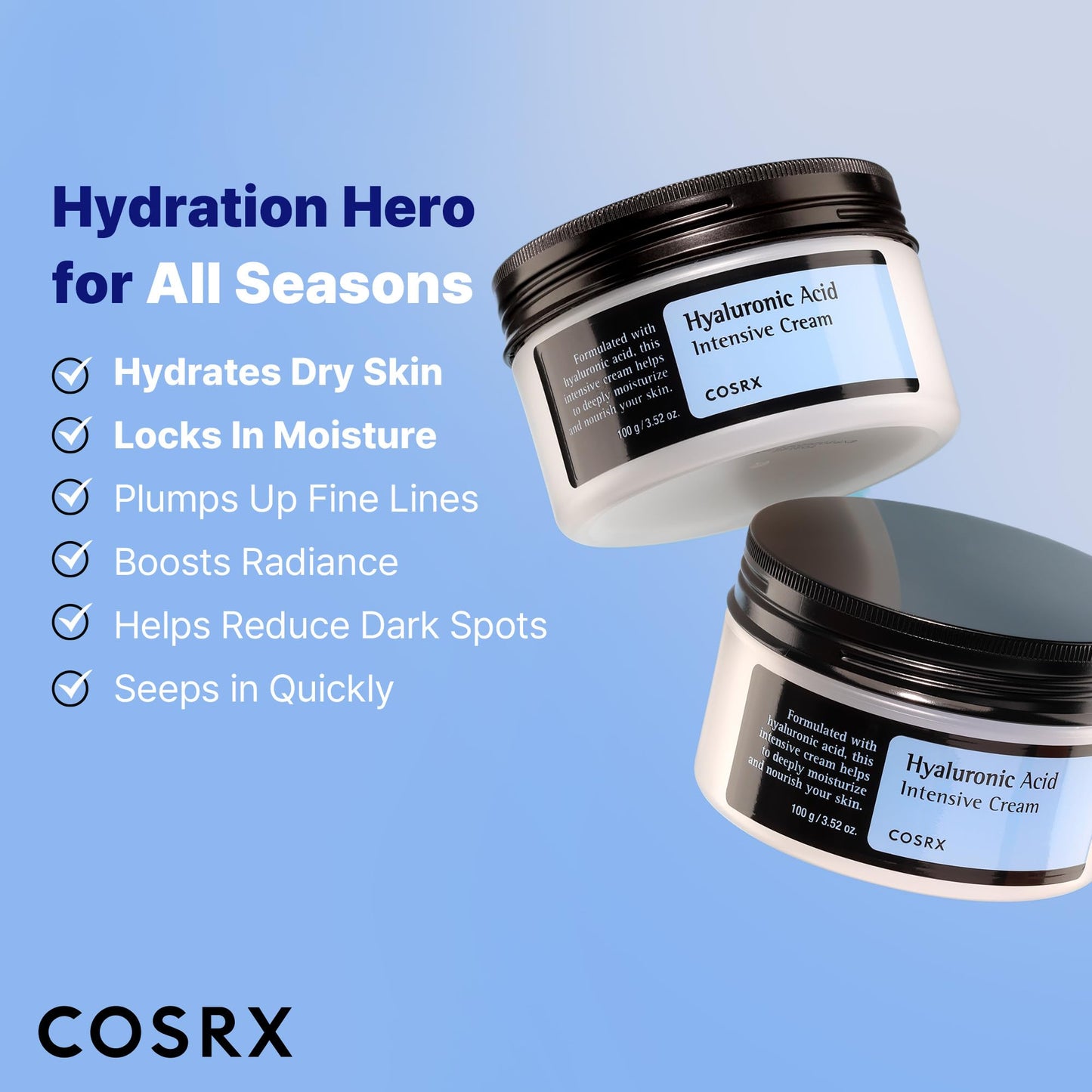 COSRX Hyaluronic Acid Moisturizing Cream, Long-lasting Hydration, Rich Moisturizer for Sensitive Skin 3.52 oz / 100g, Korean Skin Care, Animal Testing Free, Parabens Free