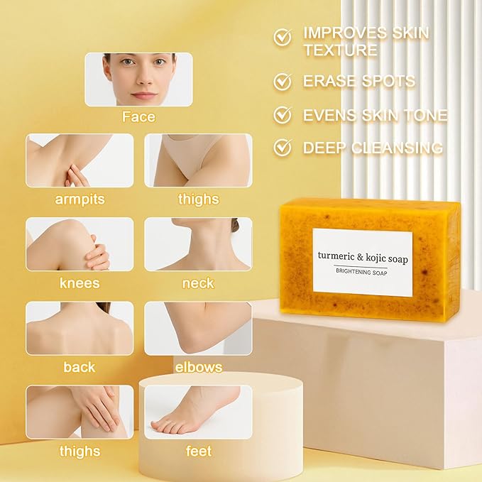 Turmeric Soap for Spots Remover - Honey Lemon Turmeric Kojic Soap Bar for Face and Body, Organic Daily Use Skin Care Soaps, Evens Skin Tone Deep Cleansing Moisturizing (3pcs)