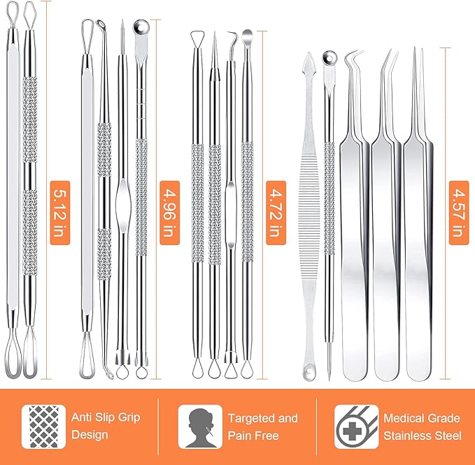 Pimple Popper Tool Kit, IUMAKEVP 15 PCS Professional Stainless Steel Blackhead Remover Comedone Extractor Tools for Removing Zit on Face - Acne Removal Kit with Metal Case (Silver)