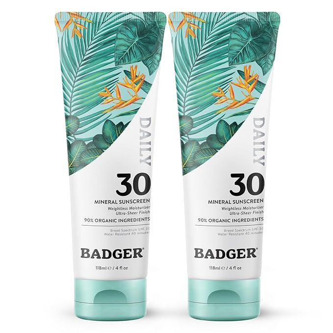 Badger Mineral Daily Sunscreen with Zinc Oxide, Organic Sunscreen Moisturizer with SPF 30, Hydrating Everyday Sunscreen Lotion, Vegan, Gluten Free & Unscented Body Sunscreen, 4 fl oz (2 Pack)