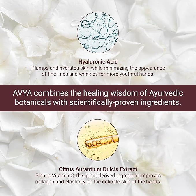 AVYA Hydrating Hand Lotion for Dry Skin – Nourishing Hand Healing Treatment for Dry and Ashy Skin/Hyaluronic Acid and Citrus Stem Cell Technology/Advanced Ayurvedic Skincare (2oz)