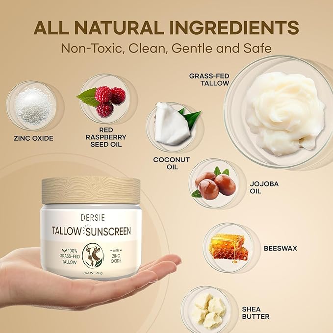Beef Tallow Sunscreen with Zinc Oxide: Tallow & Zinc Oxide Instant Sun Protection - Non Greasy Formula with Beeswax, Red Raspberry, Carrot Oil - Suitable for Dry and Sensitive Skin - Fresh Scent