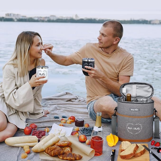 Hap Tim Wedding Gifts for Couples, Bridal Shower Gifts, Engagement Gifts for Newlyweds, Mr and Mrs gifts - Wine Cooler Bag Insulated Wine Carrier Tote with Tumblers, Bamboo Cheese Borad