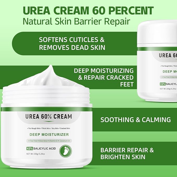 Urea Cream 60 Percent for Feet, Urea Foot Cream for Dry Cracked Heels and Feet, Cracked Heel Repair Cream, Foot Moisturiser, 5.29oz/150g