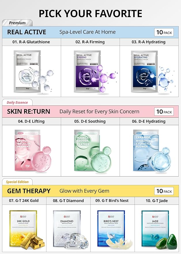 SNP Real Active Hydrating Ampoule Sheet Mask | Moisturizing and Nourishing for All Skin Types | Vegan Sheet Masks with Hyaluronic Acid | Korean Face Masks Skincare | Facial Mask | 10 Sheets