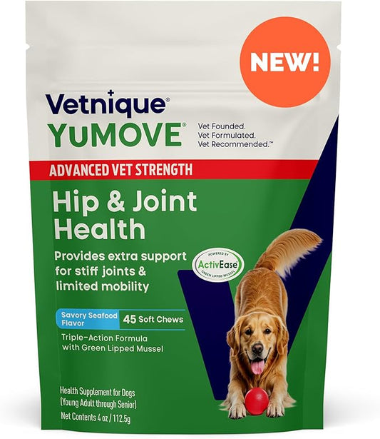 YuMOVE Hip & Joint Supplement for Dogs with Glucosamine, Hyaluronic Acid, Green Lipped Mussel & Omega 3 Joint Supplement - Regular or Advanced Strength (45ct, Advanced Vet Strength Soft Chews)