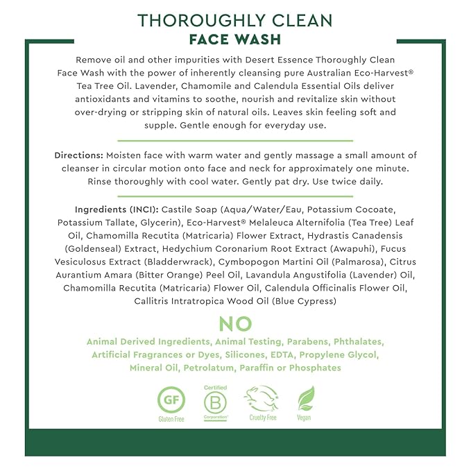 Desert Essence Thoroughly Clean Face Wash with Tea Tree Oil – Natural Facial Cleanser with Castile Soap & Coconut Oil – For Oily & Sensitive Skin – Vegan & Cruelty-Free (8.5 Fl Oz)