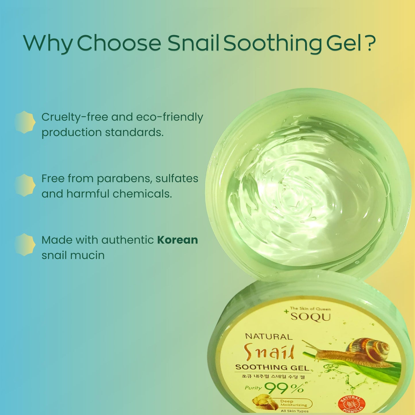 SOQU Natural Snail Soothing Gel – Korean Skincare for Glowing Skin, Hydrating and Soothing Gel for Face and Body, Made in Korea, 300ml / 10.56fl.oz