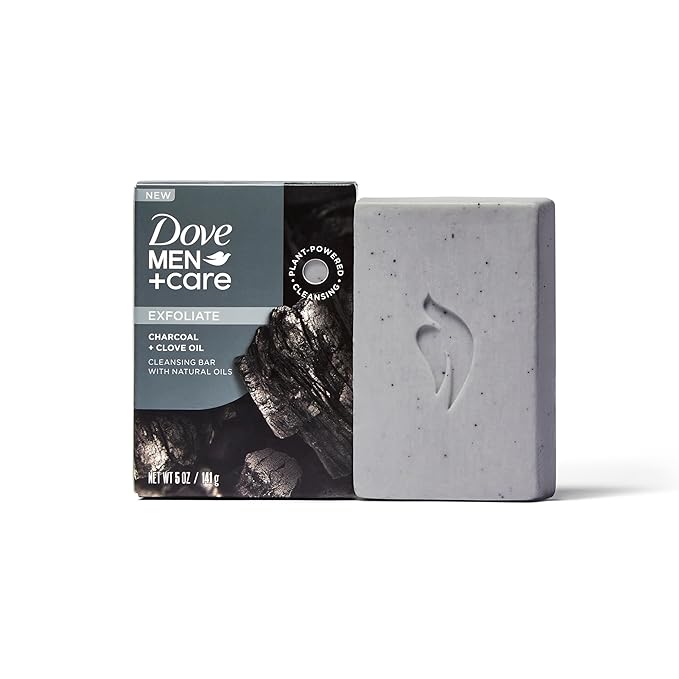 DOVE MEN + CARE Cleansing Bar Soap Charcoal + Clove Oil 4 Count to Rebuild Skin in the Shower, a 4in1 Hair, Body, Face & Shaving Bar with Plant-Based Cleanser and Natural Oils 5 oz