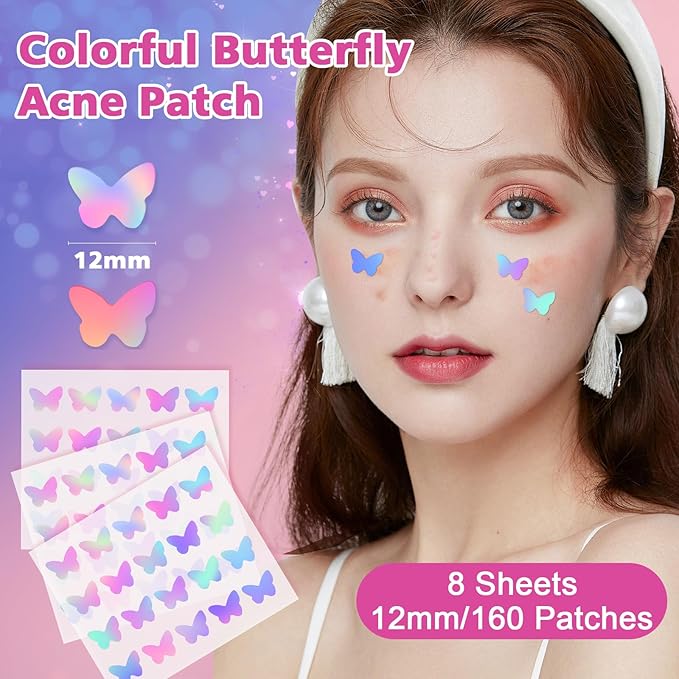 Acne Pimple Patches for Face (160 Counts), Hydrocolloid Acne Patches with Tea Tree Oil and Calendula Extract, Cute Colorful Butterfly Shape Spot Stickers for Skin Care, Zit Patches