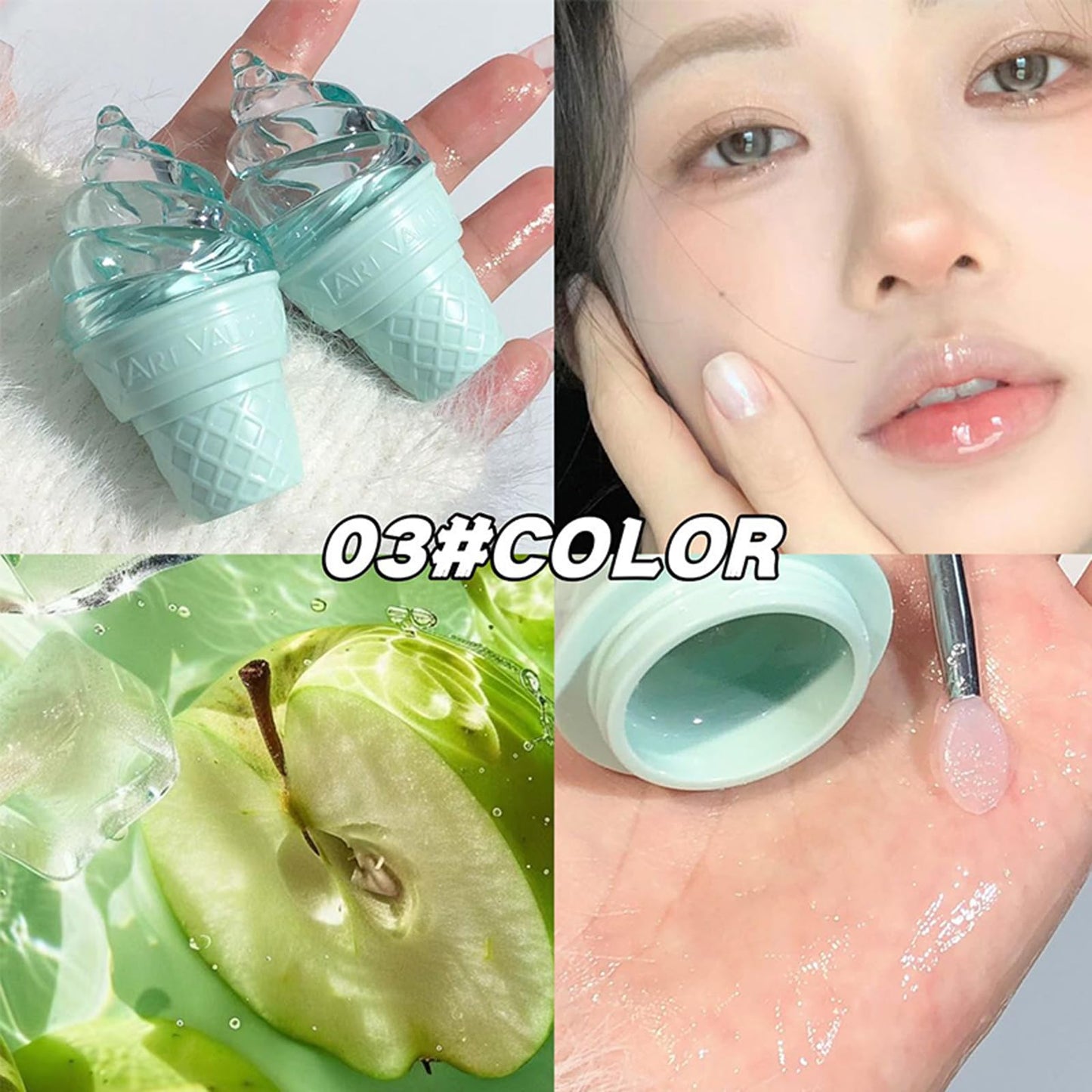 3Pcs Cute Hydrating Lip Gloss Set, Lip Sleeping Mask, Ice Cream Solid Lip Balm for Grils, Nourish Lip Care Makeup Sweet Peach/Blueberry/Green Apple Flavours
