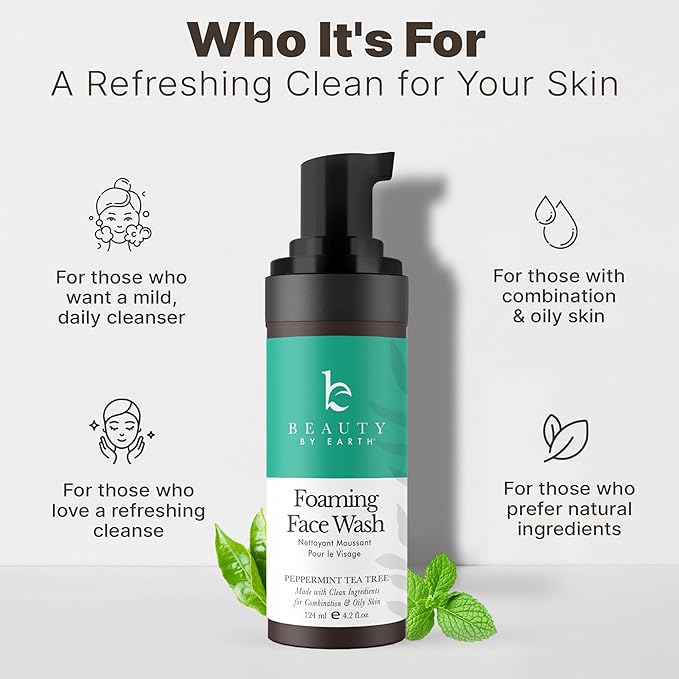 Beauty by Earth Foaming Face Wash Cleanser – Gentle, Non-Toxic Daily Facial Wash for Sensitive & Oily Skin, Natural & Organic Ingredients, Made in USA
