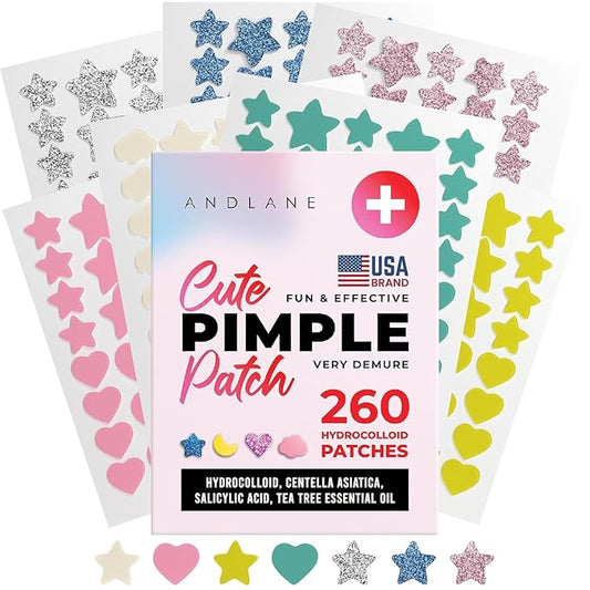 260Pcs Cute Pimple Patches for Face - Hydrocolloid Acne and Zit Patches - Blemish Stickers for Face Skin Care - Star, Heart, Cloud, Moon, Glitter & Regular Shapes, 7 Colors, 2 Sizes Stickers