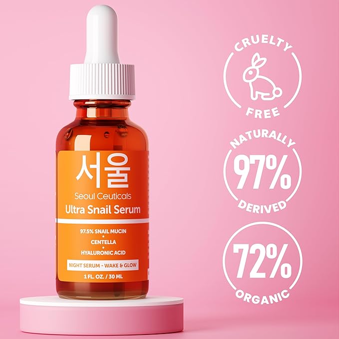 SeoulCeuticals Korean Skin Care 97.5% Snail Mucin Serum – K Beauty Skincare Night Serum Hyaluronic Acid for Face - Centella Anti Wrinkle Serum 1oz