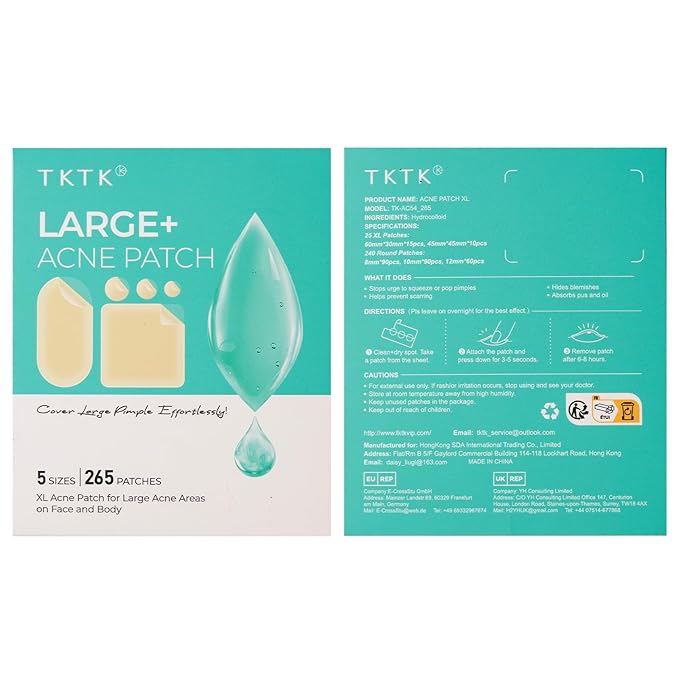 TKTK Large Pimple Patches for Face, 60 x 30 mm XL Acne Patches, Big Hydrocolloid Bandages for Body, Back, Forehead, Chin, Neck Blemish Zit Breakouts (Oval, Square, Dot 5 Sizes 265 Count)