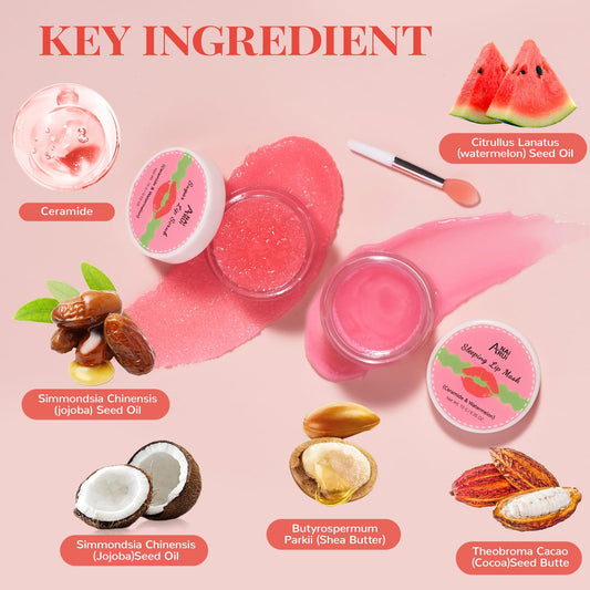 Lip Mask Set, Lip Scrub & Lip Butter, Overnight Lip Treatment Set Enriched With Skin Softening Ceramide & Watermelon and Hydrating Shea Butter, For A Softer & Smoother Pout