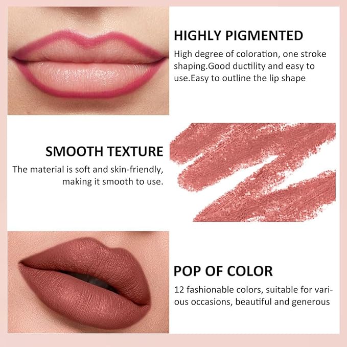 12 Colors Matte Lip Liner Set,Long Lasting Nude Set,Long