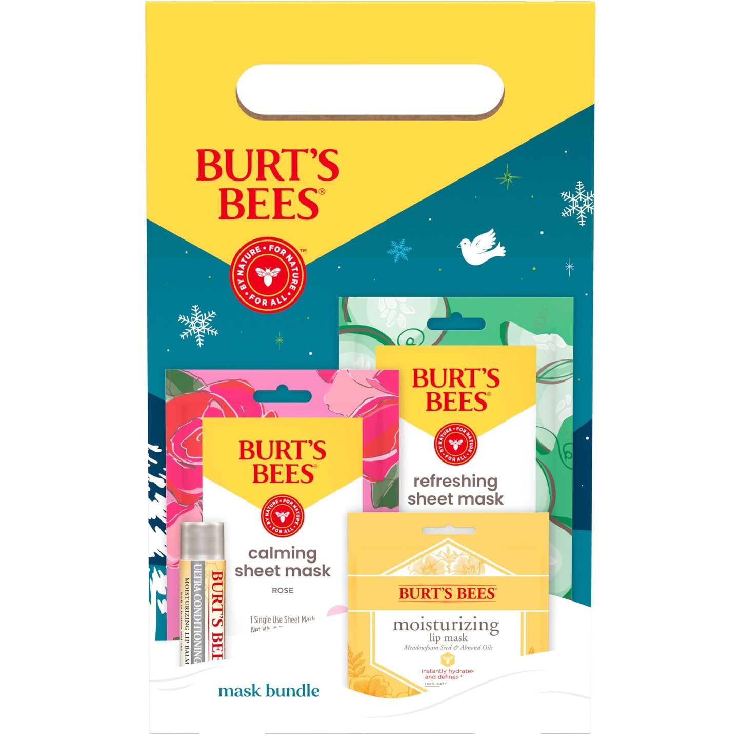 Burt’s Bees Mask Bundle Gift Set; , Ultra Conditioning Lip Balm and Moisturizing Lip, Refreshing Sheet and Calming Sheet Masks; Festive Packaging; 1 Gift Set