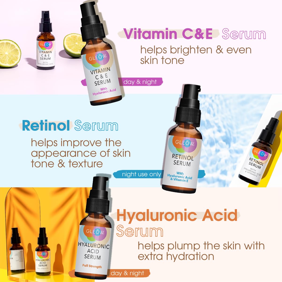 GLEOW Retinol Serum for Face, Vitamin C with Hyaluronic Acid Face Serum for Women and Men, Glow Skin Care Set Total Package Targets Appearance of Uneven Skin Tone and Dryness 3x1oz