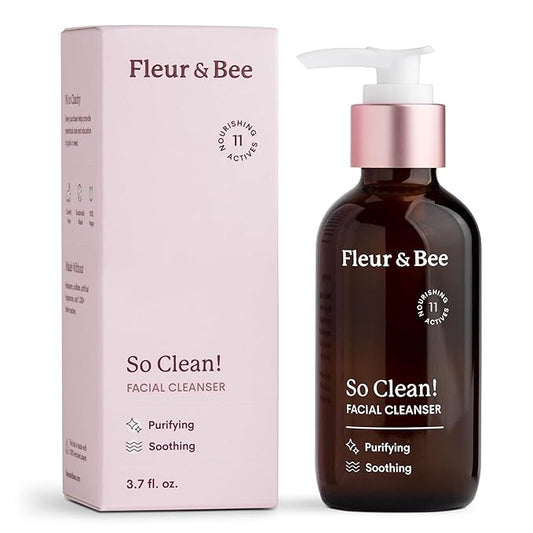 FLEUR & BEE Face Wash | 100% Vegan & Cruelty Free | Non Drying, Gentle, Daily Use | Dermatologist Tested Facial Cleanser with Natural and Organic Ingredients | So Clean (3.7 Fl Oz)