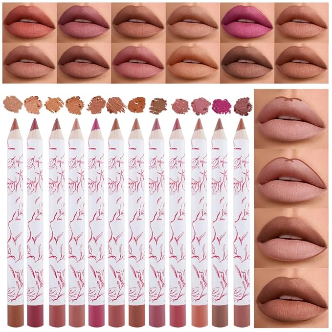12 Pcs Natural Nude Brown Beige Colors Lip Liner Lipstick Pencils Set for Daily Makeup,Easy to Apply & Remove,Waterproof (set07)