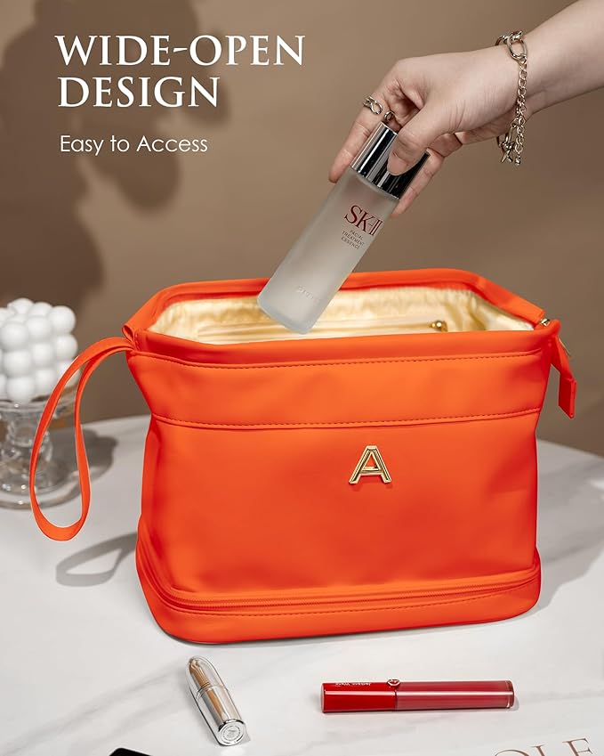Travel Essentials for Friends Female Mom, Personalized Makeup Bag, Double Layer Cosmetic Bag with Makeup Brush Organizer, Waterproof, Large Capacity PU Leather Toiletry Bag Customized Gifts