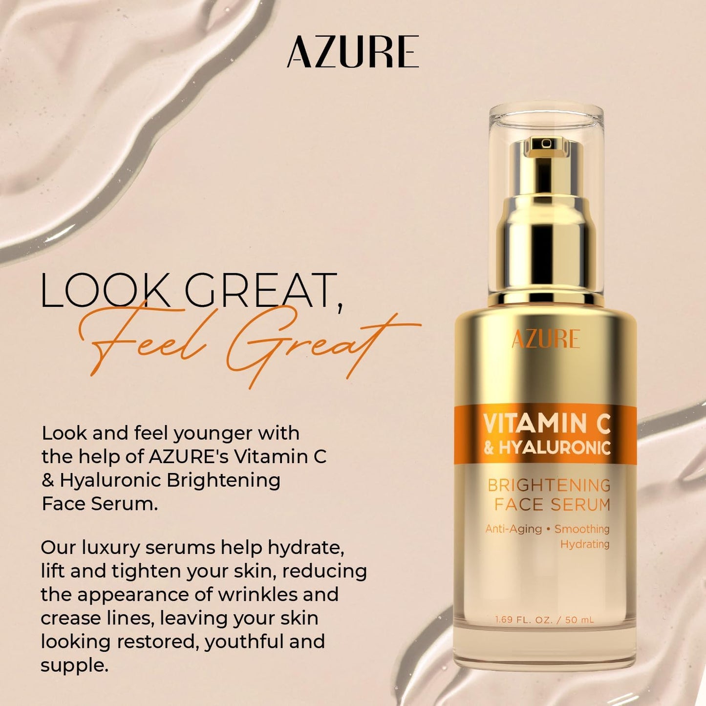 Azure Cosmetics Vitamin C Serum For Face - Dermatologist Tested, Anti-Aging with Hyaluronic Acid for Dark Spots, Fine Lines & Wrinkles - Brightning, Clean, Korean Skincare for Glass Skin - 2 Pack