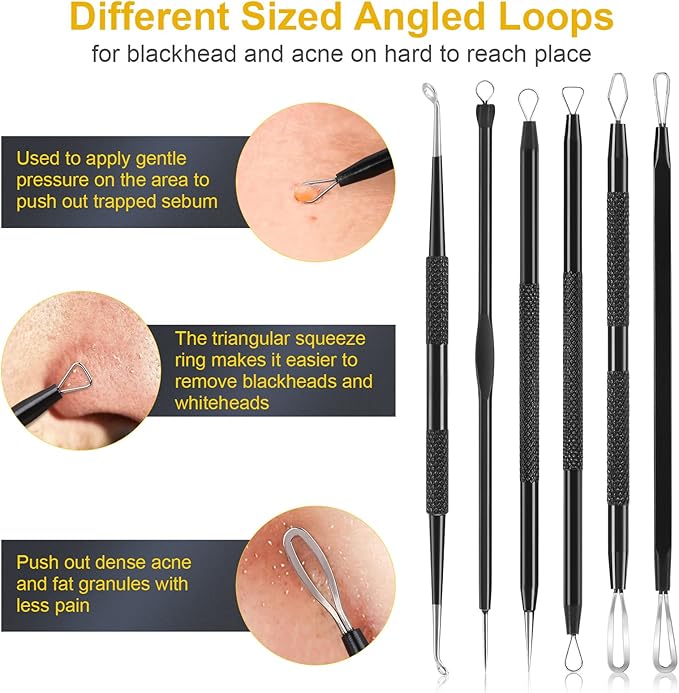 Pimple Popper Tool Kit, IUMAKEVP 15 PCS Professional Stainless Steel Blackhead Remover Comedone Extractor Tools for Removing Pimples, Blackheads, Zit on Face - Acne Removal Kit with Metal Case (Black)