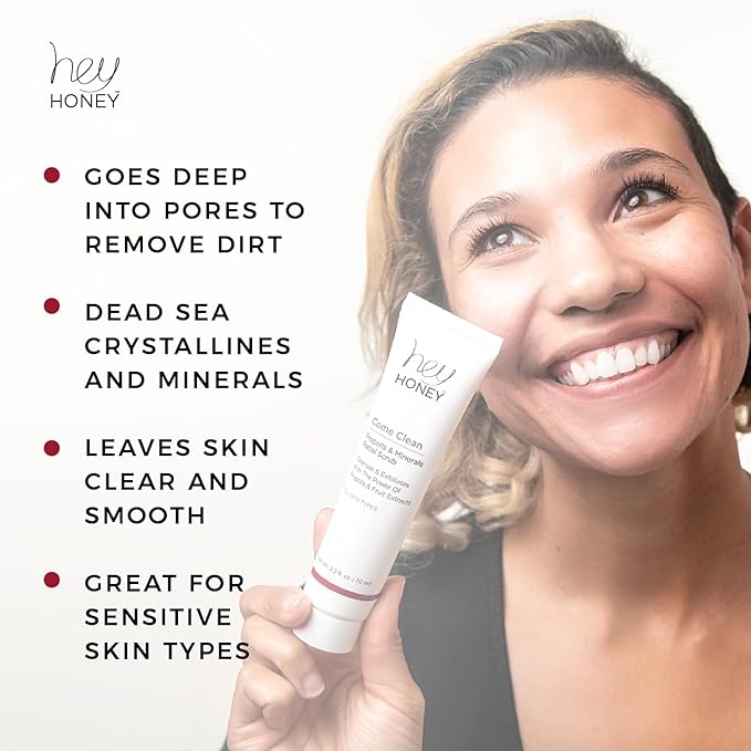 Hey Honey, Come Clean Propolis & Mineral Facial Scrub. Rich, Exfoliating, Dead Sea Salt Scrub designed to be gentle enough for even the most sensitive skin. 110ml