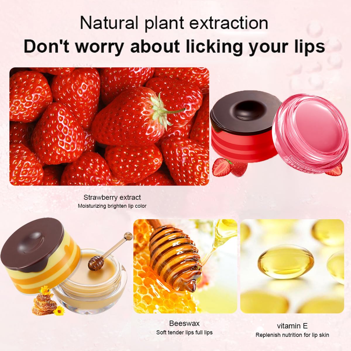 4PCS Strawberry & Honey Lip Balm, Vitamin E Moisturizing Propolis Sleeping Lip Mask, Effective Reduces Lip Lines Prevention Dry and Cracked Lip Scrubs Exfoliator Smoothing Dry Lip Care