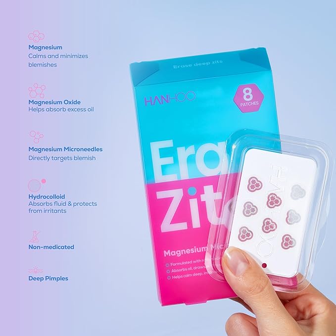 Hanhoo EraseZit Magnesium Microneedle Patch, 8 Microneedle Patches, Hydrocolloid Pimple Patches, For Deep Pimples, Calms Angry Zits, Acne Spot Patches, Microdot Pimple Patches, Korean Skincare