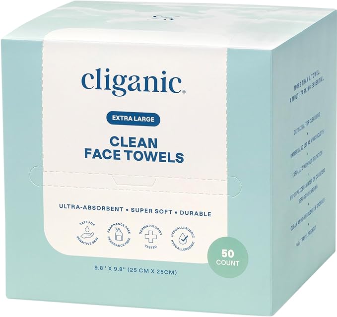 Cliganic Clean Face Towels XL, Multi-Pack (100 Count), Disposable, Ultra-Absorbent, Hypoallergenic & Soft - Makeup Remover Dry Wipes, Pamper Your Face, Hygienic Towelettes, for All Skin Types