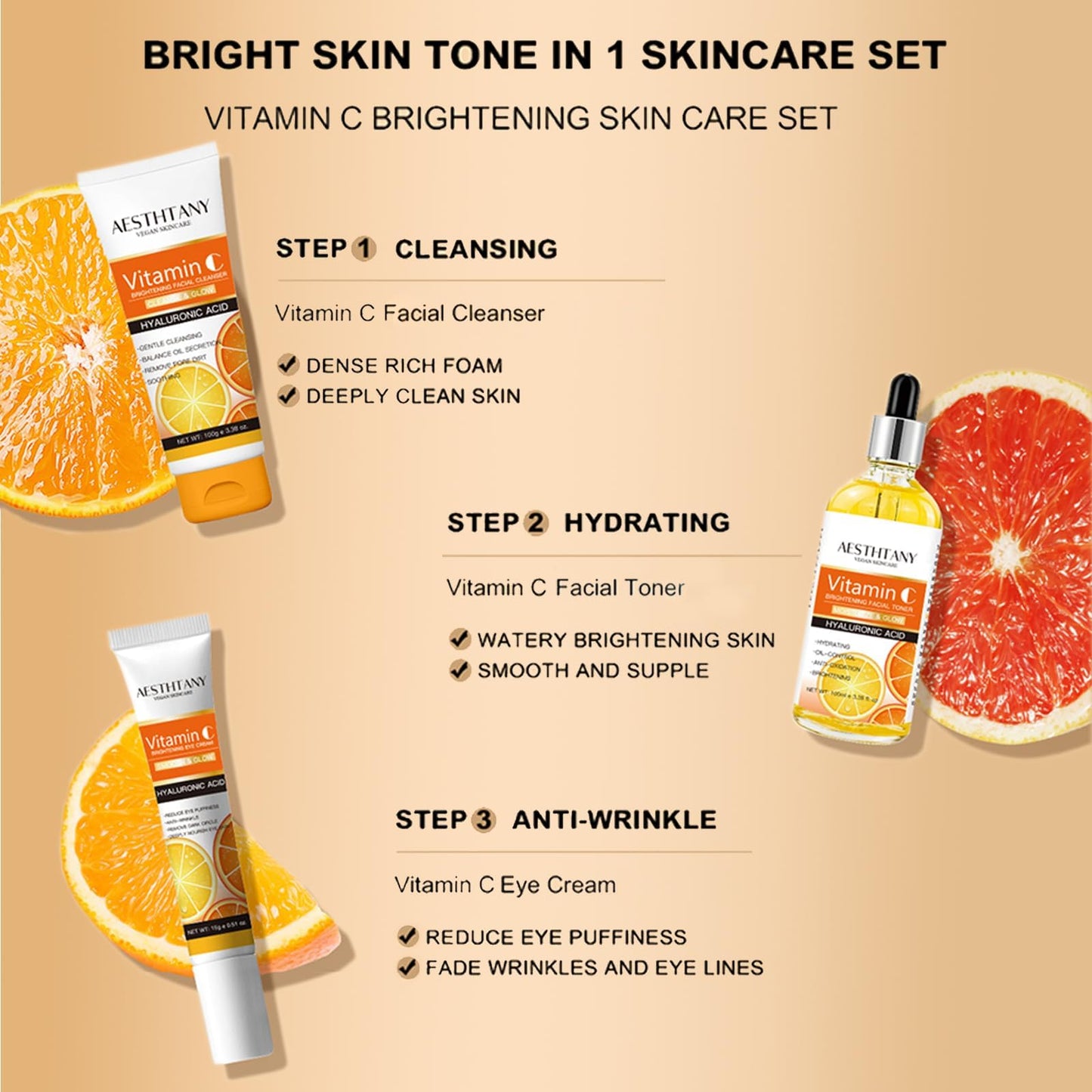 R RadiantRise Vitamin C Skin Care Set For Women , 5-In-1 Moisturizing Hyaluronic Acid Skin Care Routine with Facial Cleanser, Serum, Face Cream, Eye Cream, Toner